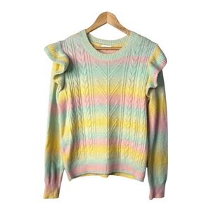 Sugar Lips Pastel Rainbow Spacedye Ruffle Cable Knit Sweater Women Size‎ Medium